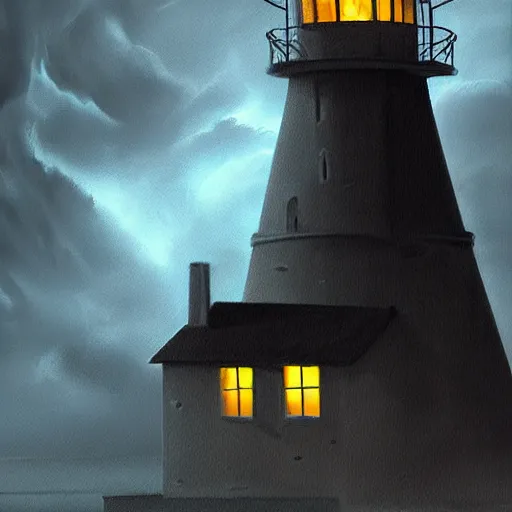 Prompt: beautiful digital painting about a scary light house glowing in the dark of a stormy night, trending on artstation, gloomy, moody, highly detailed