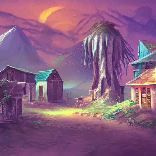 Image similar to village on an alien planet, digital art