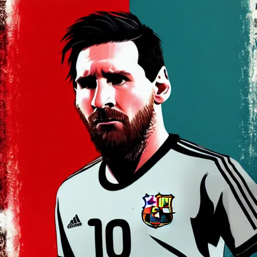 Image similar to Lionel Messi in a GTA V loading screen, cover art, posing solo, symmetrical face, in the style of Stephen Bliss, trending on artstation