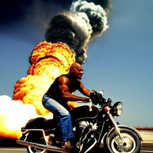 Image similar to mike tyson riding a motorcycle, explosion in the background