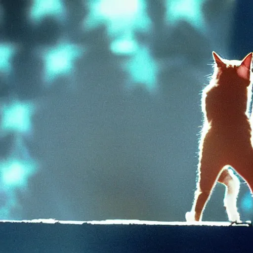 Prompt: cat performing at the super bowl half time show in 1 9 8 9, tv still, sponsored by pepsi