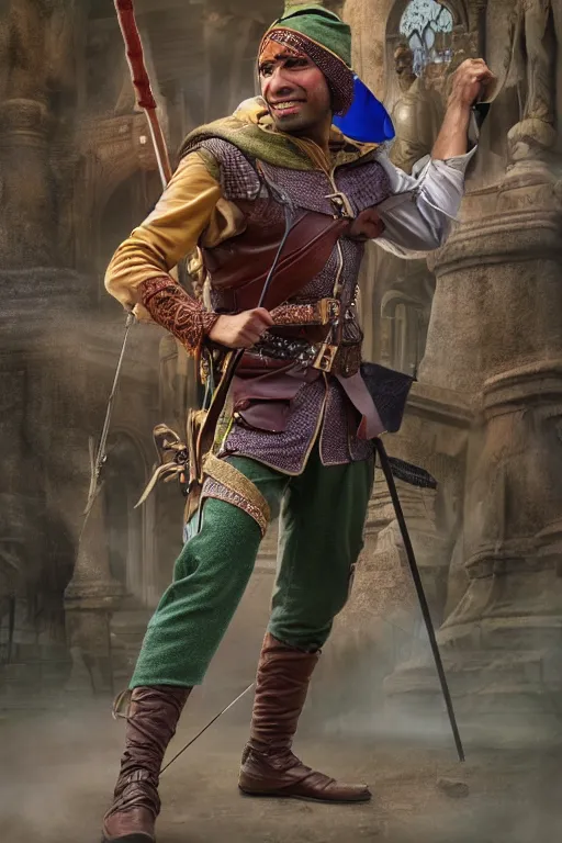 Image similar to intricate color photo of rishi sunak as robin hood but robbing the poor, 8 k octane beautifully detailed render