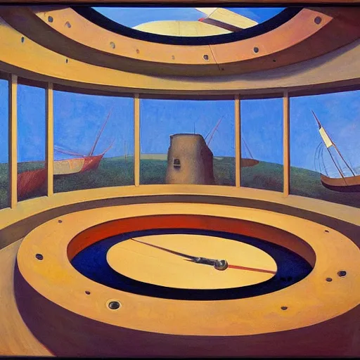 Prompt: giant bathysphere interior, portholes, comedic, dystopian, grant wood, pj crook, edward hopper, oil on canvas