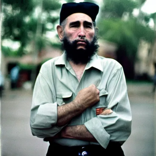 Image similar to fidel castro wearing jorts, from behind, full body portrait, 3 5 mm film, by nan goldin