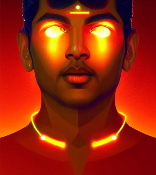 Image similar to symmetry!! indian prince of technology, solid cube of light, hard edges, product render retro - futuristic poster scifi, lasers and neon circuits, brown skin handsome indian prince, intricate, elegant, highly detailed, digital painting, artstation, concept art, smooth, sharp focus, illustration, dreamlike, art by artgerm