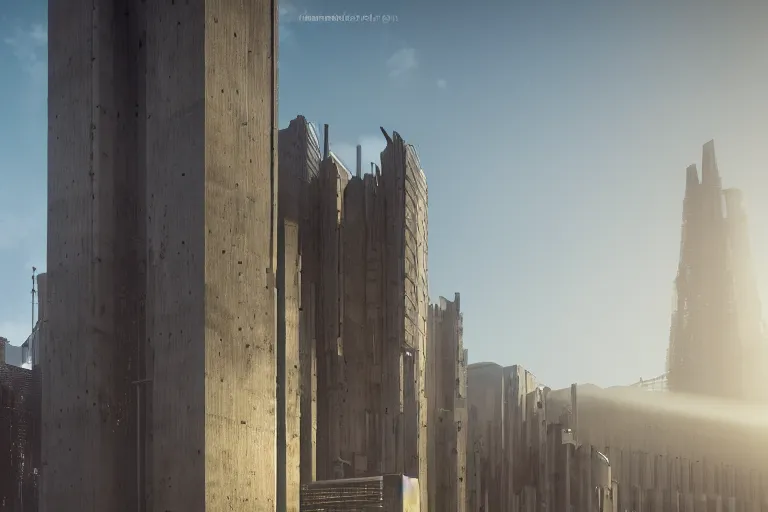 Image similar to streetscape, a towering cathedral of brutalist architecture, buildings covered with greebles, stunning volumetric light, sunset, metal, concrete and translucent material, stunning skies, majestic landscape, trending on Artstation, 8k, photorealistic, hyper detailed, unreal engine 5, IMAX quality, cinematic, epic lighting, in the style of Greg Rutkowski