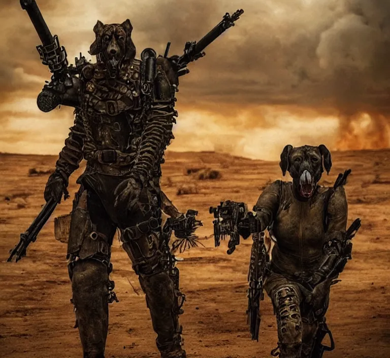 Image similar to a good ol'bloodhound dog fursona ( from the furry fandom ), heavily armed and armored facing down armageddon in a dark and gritty version from the makers of mad max : fury road. witness me.