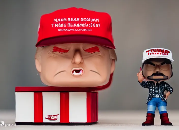 Prompt: !dream product still of Donald Trump wearing a red cap funko pop with box, 85mm f1.8