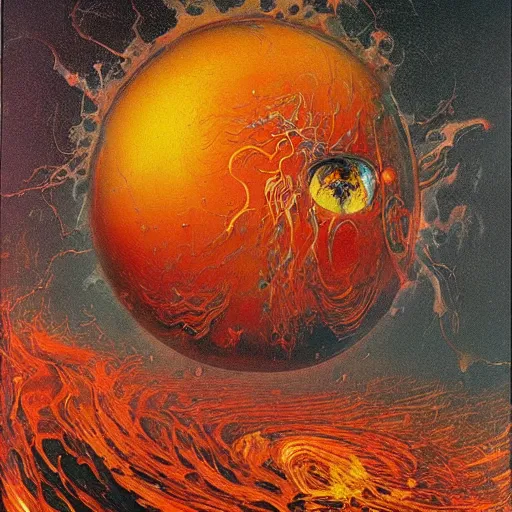 Image similar to a sphere being devoured by abstract splatters of paint in the style of francis bacon, venus being engulfed in flames in the style of james jean, surreal, beksinski, high detailed