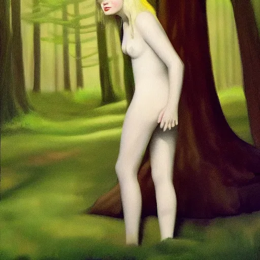 Prompt: Painting of Elle Fanning lost in the dark woods with a flashlight, long blonde hair, delicate, pale milky white porcelain skin, by Edward Hopper. 8K. Extremely detailed.