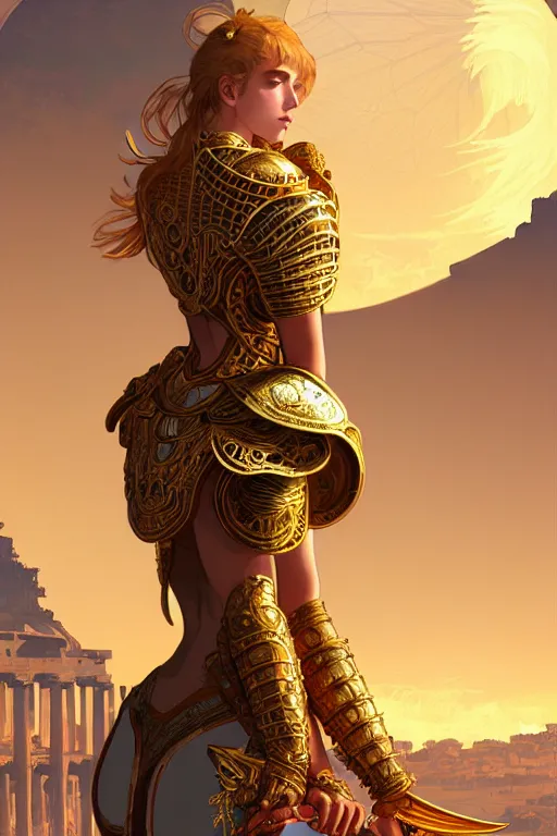 Image similar to portrait knights of zodiac girl, golden and copper armor, in ruined agora of athens sunrise, ssci - fi and fantasy, intricate and very very beautiful and elegant, highly detailed, digital painting, artstation, concept art, smooth and sharp focus, illustration, art by tian zi and wlop and alphonse mucha and ilya kuvshinov