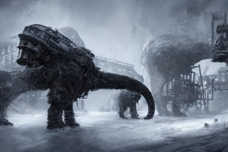 Prompt: an intricate futuristic black steam train and a giant mammoth, post - apocalyptic ice landscape in snowstorm, cinematic concept art, artstation, highly detailed, digital art