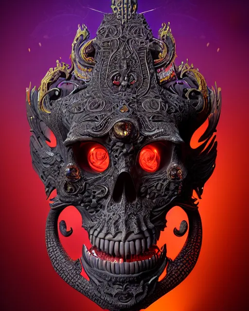 Image similar to 3 d ornate carved dracula with tattoos profile portrait, sigma 5 0 0 mm f / 5. beautiful intricate highly detailed quetzalcoatl skull. bioluminescent, plasma, lava, ice, water, wind, creature, thunderstorm! artwork by tooth wu and wlop and beeple and greg rutkowski, 8 k trending on artstation