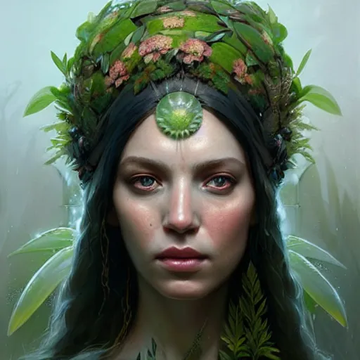 Image similar to a beautiful portrait of a plant goddess by Greg Rutkowski and Raymond Swanland, Trending on Artstation, ultra realistic digital art