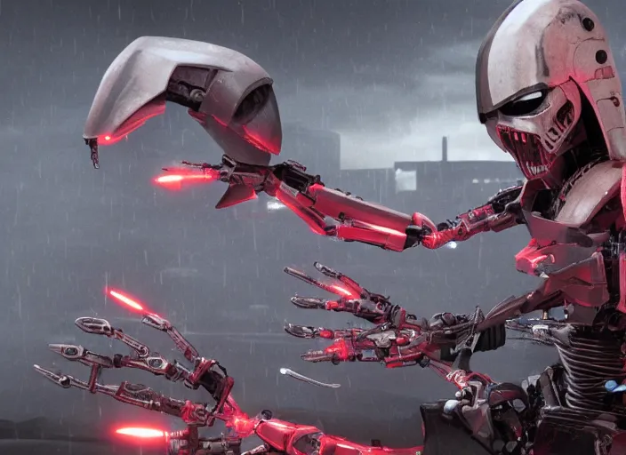 Image similar to 3 5 mm portrait photo of general grievous face with heavy duty biomechanical cybernetic body with 4 arms holding red lightsabers fighting obi wan kenobi in the city in the rain. cyberpunk horror in the style of george lucas. unreal engine render with nanite and path tracing.