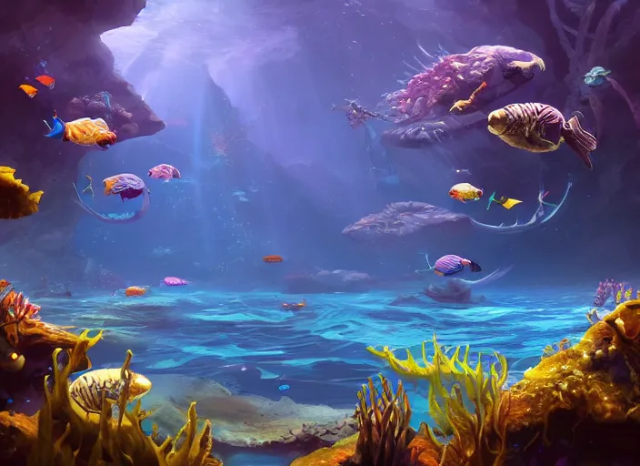 Prompt: confluence of aquatic wild life. magical, epic, particles, compute shader, underwater, fantasy, painting, detailed, paid artwork, portfolio, epic lighting