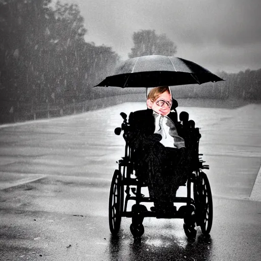 Prompt: stephen hawking stuck in the rain, photography,