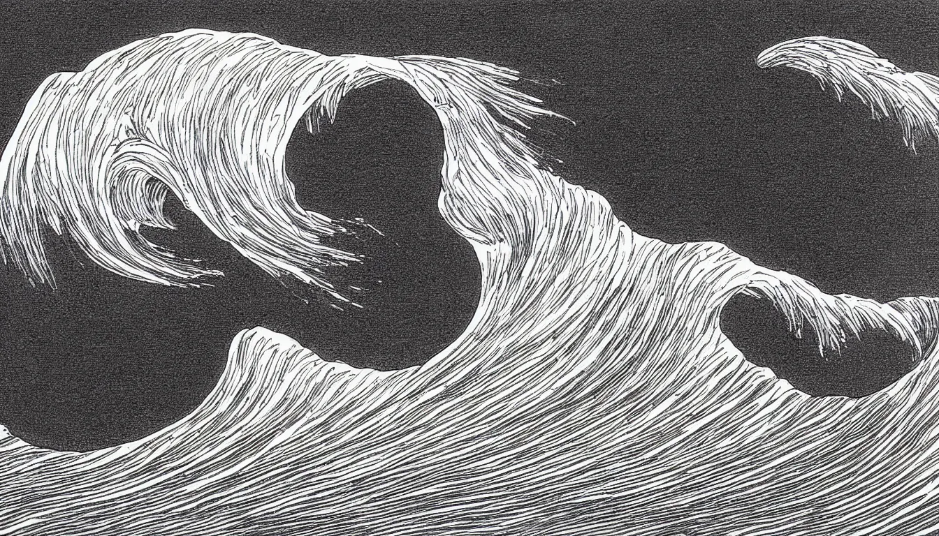 Image similar to ocean wave drawing by Moebius, minimalist, detailed, black and white drawing