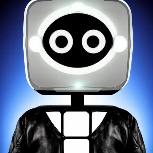 Prompt: a humanoid with a square robot head, a single eye emitting light, leather jacket, black background