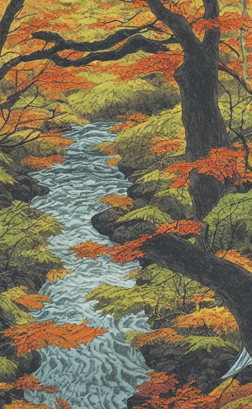 Image similar to by akio watanabe, manga art, a maple forest opens to a water stream, fall season, trading card front