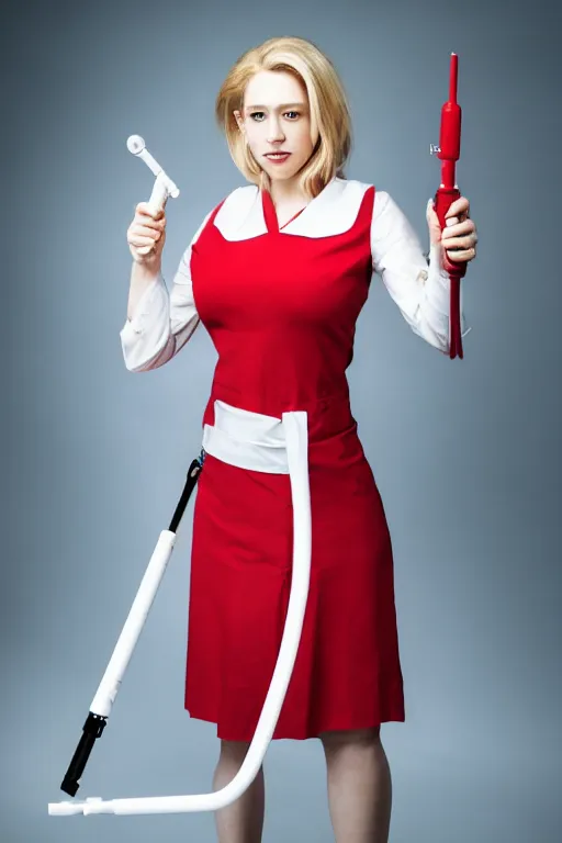 Prompt: elizabeth holmes as a psychopath nurse holding a giant syringe, cosplay, studio lighting, marvel, villainess