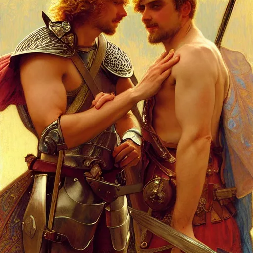 Image similar to attractive arthur pendragon and his attractive male knight, they are in love, natural lighting, path traced, highly detailed, high quality, digital painting, by gaston bussiere, craig mullins, alphonse mucha j. c. leyendecker