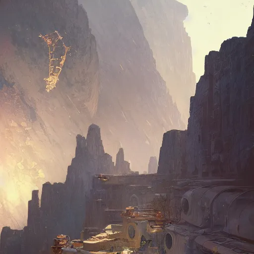 Image similar to A satisfactory factory built into a cliff, sci-fi art by greg rutkowski and alphonse mucha, highly detailed, digital painting, matte painting, concept art, illustration, oppressive lighting, trending on artstation, very detailed