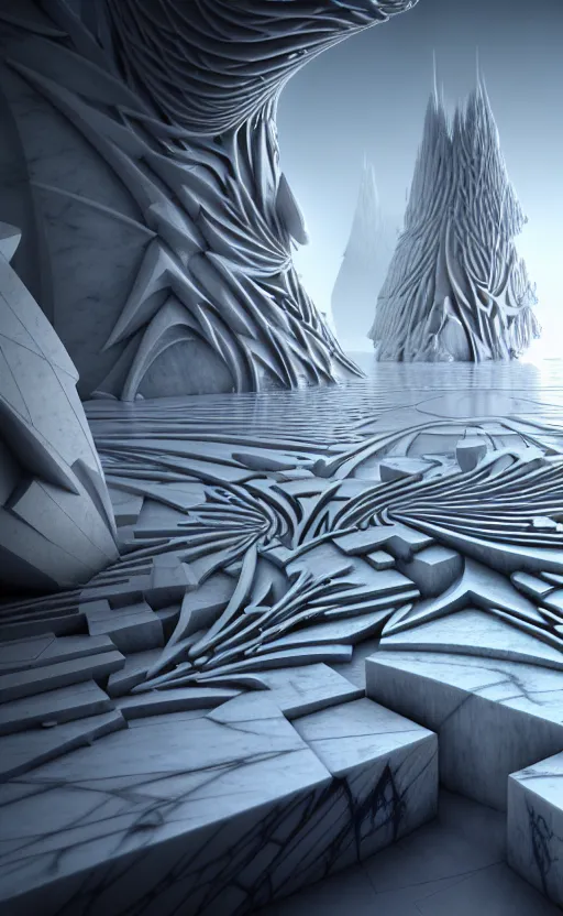 Image similar to highly detailed 3 d render cinematic composition of a white fluid fractal sci - fi surreal architecture landscape, marble, stone, magnesium, archviz, vincent callebaut composition, mamou - mani, beautiful lighting, hyper detailed, 8 k, unreal engine, hdr, dof