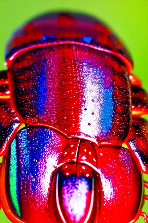 Image similar to high quality macro photo iridescent Red spotted crystal beetle! gorgeous highly detailed david ligare elson peter cinematic blue lighting high quality low angle hd 8k sharp shallow depth of field