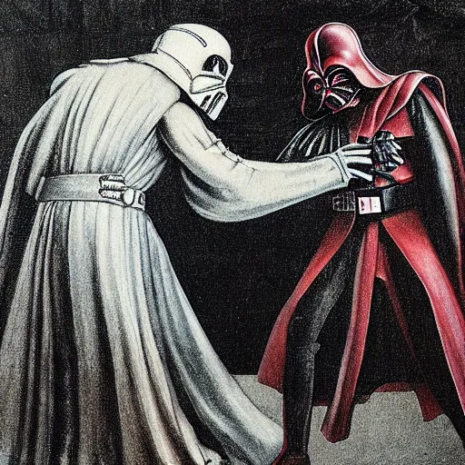 Prompt: morbius fighting darth vader. mexico city. by da vinci.