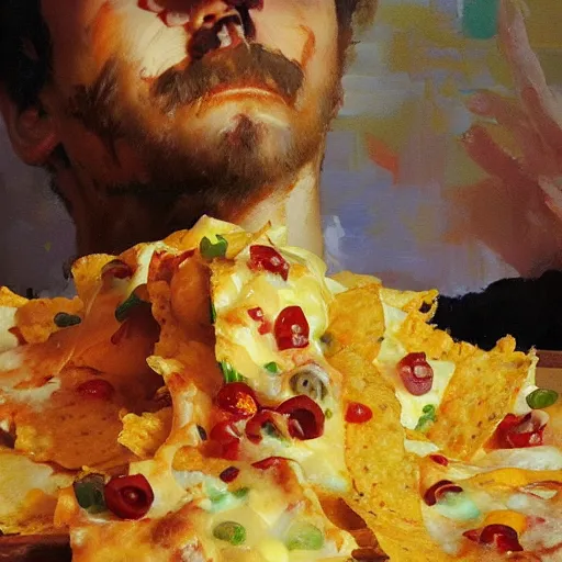 Image similar to portrait nachos with cheese and jalapeno, white background, detailed painting, epic lighting, by ilya repin, phil hale and kent williams