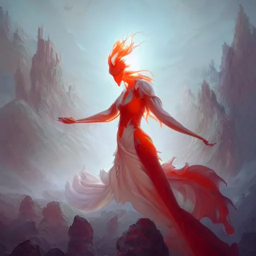 Image similar to prompt A beautiful white red orange kumiho, concept art, matte painting, by Peter Mohrbacher