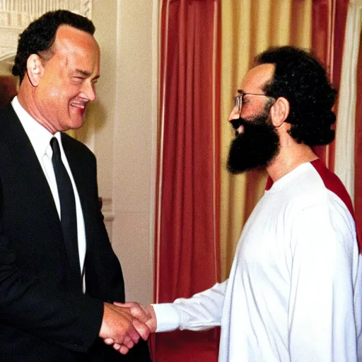 Prompt: Tom Hanks shakes hands with Osama Bin Laden at the White House