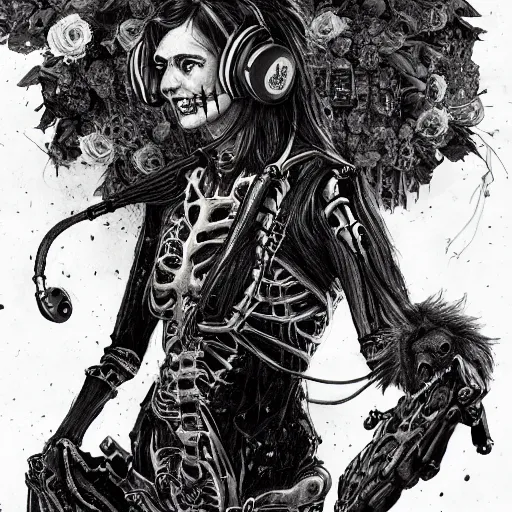 Image similar to skeleton wearing headphones, watching girl playing guitar while her black cat standing next to her, detailed intricate ink illustration, dark atmosphere, detailed illustration, hd, 4k, digital art, overdetailed art, by greg rutkowski, by loish, complementing colors, Trending on artstation