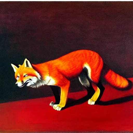 Prompt: only with red, in a red dream world, a crimson tiger tries to close an important deal with a red fox, in the style of beskinsky, part by hopper, part by rodcenko, part by hofbauer, intricate composition and red by caravaggio, insanely quality, masterpiece, oil on canvas, award winning, dramatic,