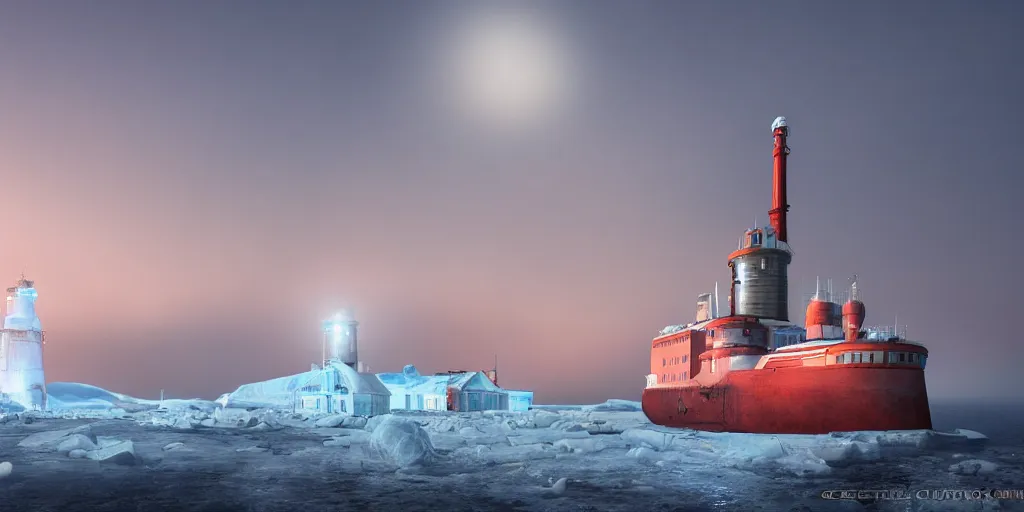 Image similar to epic huge soviet lighthouse in arctic, no frame, foggy, volumetric lighting, epic blue glow, by greg rutkowsky, shishkin and aivazovsky