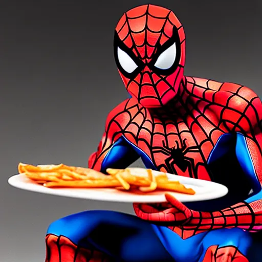 Prompt: spiderman eating greasy food from arby's restaurant, photorealistic, highly detailed,