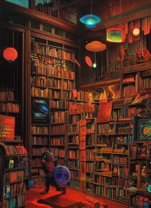 Prompt: happy independent bookstore. vantablack cloth technology, vintage shapes, retro technology, happy colors dariusz zawadzki, tim hildebrandt, wayne barlow, bruce pennington, larry elmore, oil on canvas, deep depth field, masterpiece, cinematic composition, hyperdetailed