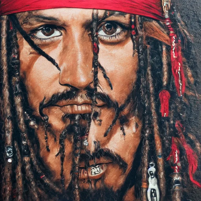 Prompt: Portrait of Captain Jack Sparrow by Andy Warhol, Trending on ArtStation