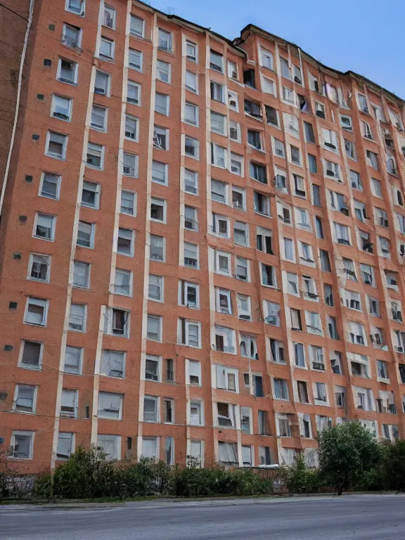 Image similar to soviet apartment building, photo, front view