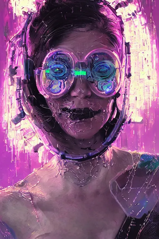 Image similar to portrait, headshot, digital painting, an delightfully crazy, wholesome techno - shaman lady in circuit electronic mask, synthwave, glitch, crystal rain, fracture, realistic, hyperdetailed, chiaroscuro, concept art, art by john berkey