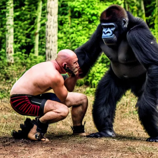 Image similar to joe rogan wrestling a gorilla in the dmt forest