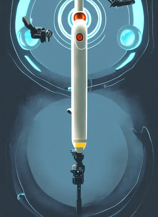 Image similar to poster artwork by Michael Whelan and Tomer Hanuka, of a product poster of the Portal Gun, from the game Portal 2, from Valve, Aperture Science, clean