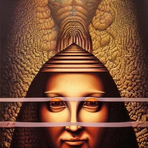 Image similar to monalisa by jacek yerka, alex gray, zdzisław beksiński, dariusz zawadzki, jeffrey smith and h.r. giger, oil on canvas, 8k highly professionally detailed, trending on artstation