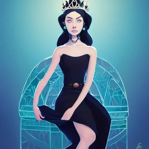 Image similar to stylized minimalist a beautiful black haired woman with pale skin and a crown on her head sitted on an intricate metal throne, loftis, cory behance hd by jesper ejsing, by rhads, makoto shinkai and lois van baarle, ilya kuvshinov, rossdraws global illumination,