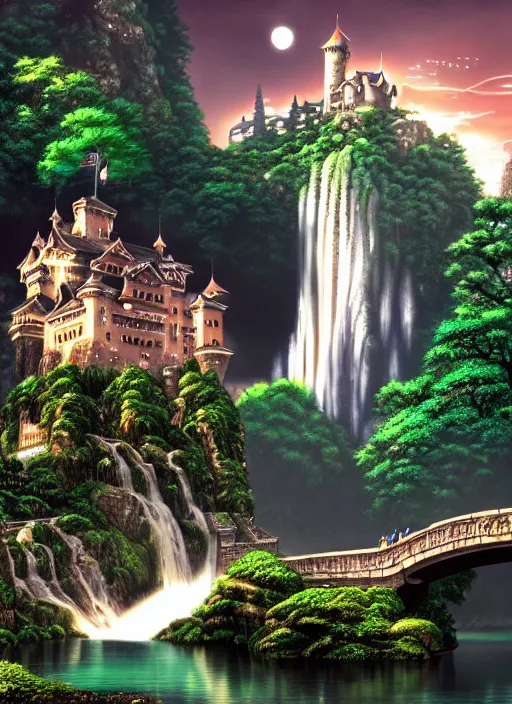 Prompt: magical castle, waterfall, river, nighttime, scenery wallpaper aesthetic, manga style, perspective view, beautiful, cinematic, dramatic, super detailed and intricate, hyper realistic, 4 k render, by kentaro miura, by koson ohara, by darwyn cooke