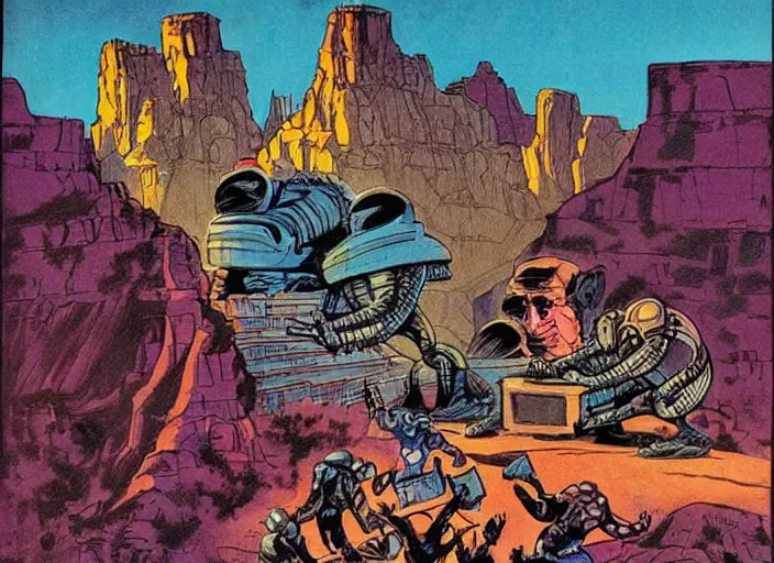 Image similar to comic book drawing of aliens building a base at the grand canyon by jack kirby!!! and gris grimly, cinematic, epic, awesome bright color palette, hard contrast, black ink outlines