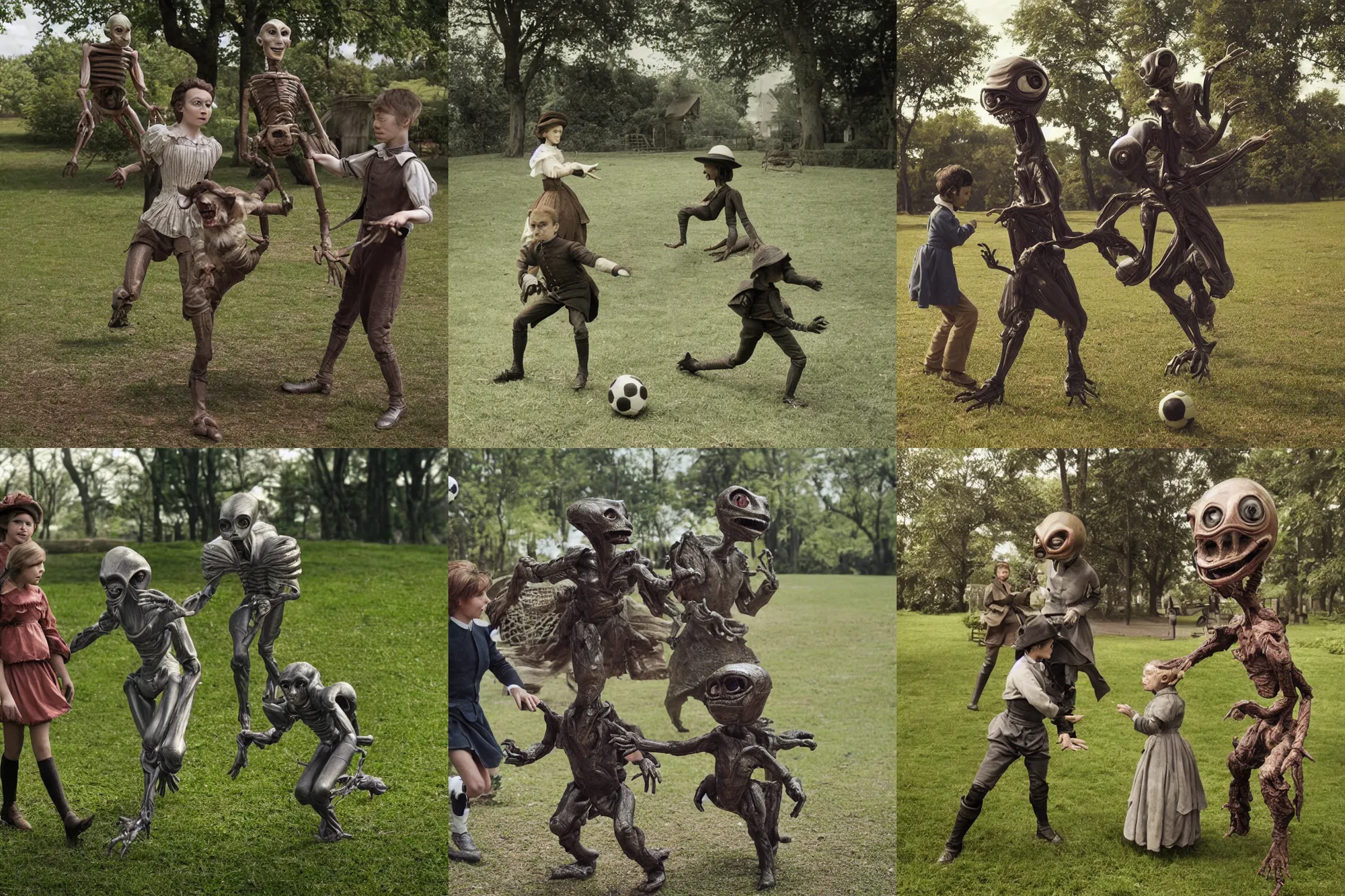 Prompt: detailed, sharp, a boy and a girl, playing soccer with their pet humanoid alien, wearing 1840s era clothes, in a park on an alien planet, extremely highly detailed, hyperrealistic, highly detailed faces, 70 mm film still from a period sci fi movie, 4k