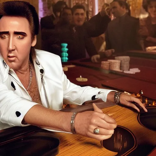 Image similar to nicolas cage as elvis presley playing the guitar over a poker table