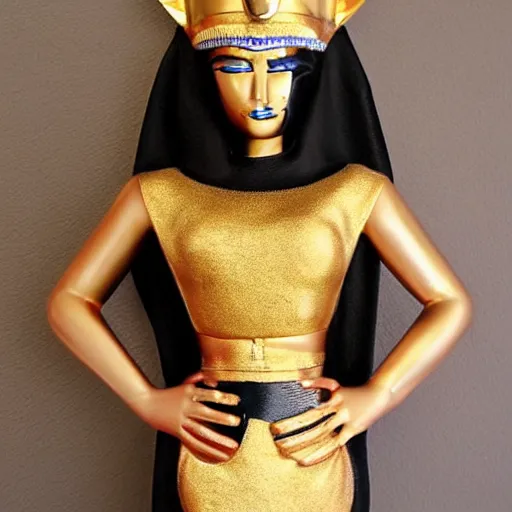 Image similar to egyptian, anthropomorphic cat woman, stylish, with gold elements, model elegant